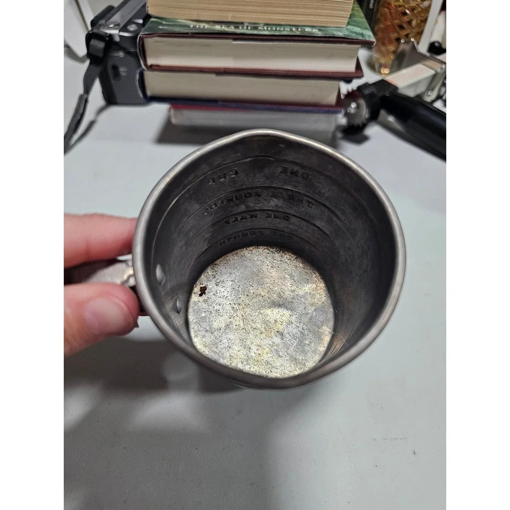 Vintage Aluminum 1 Cup Measuring Cup Embossed Markings Primitive Kitchenware